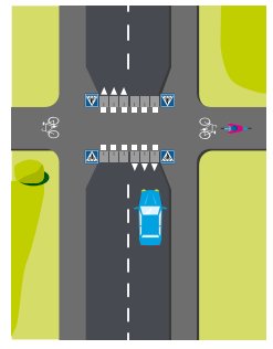 Illustration av en korsning med stopplinje och skyltar, bil- och cykeltrafik, utan tydlig cykelöverfart.