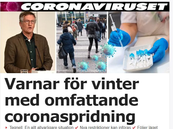 Collage med en talarande Anders Tegnell, folkmassa, virussymboler och medicinsk personal med provtagningsutrustning.