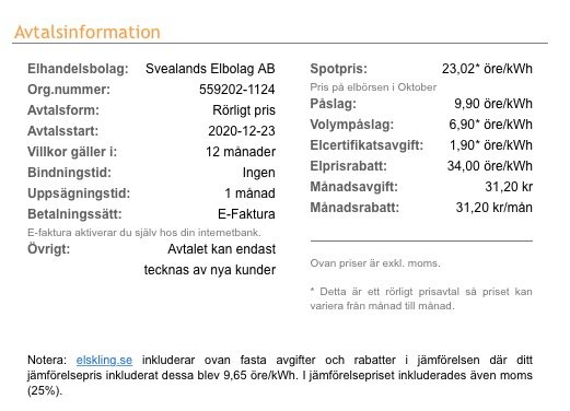 Kvittens från Elskling med avtalsinformation för Svealands Elbolag, inkluderar priser och villkor.