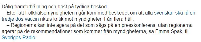 Textutdrag från en nyhetsartikel om kritik mot Folkhälsomyndigheten för dålig framförhållning och vaccination rekommendationer.