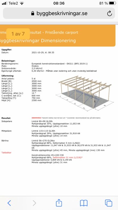 Schematisk bild av en fristående carport med mått och konstruktionsdetaljer på en webbsida.