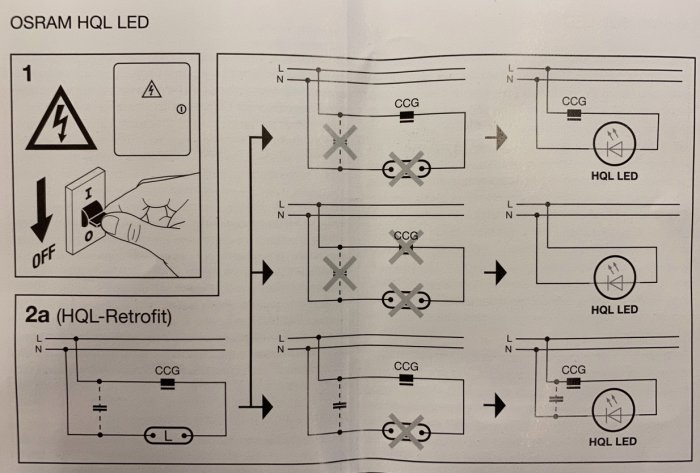 Installationsanvisningar för OSRAM HQL LED-lampa med schematiska diagram över inkoppling i HQL-armaturer.