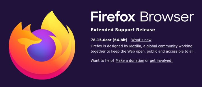 Logotyp för Firefox webbläsare med text om Extended Support Release och uppmaning till donation.