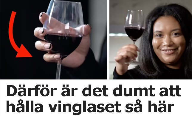 Kvinna håller ett vinglas felaktigt vid kupan och lerande kvinna håller vinglas vid foten.