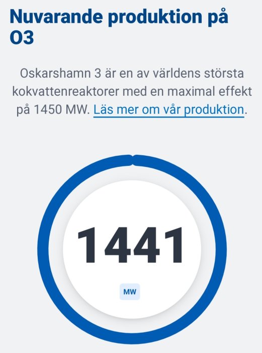 Mätare visar nuvarande elproduktion på 1441 MW för Oskarshamn 3 kärnreaktor.