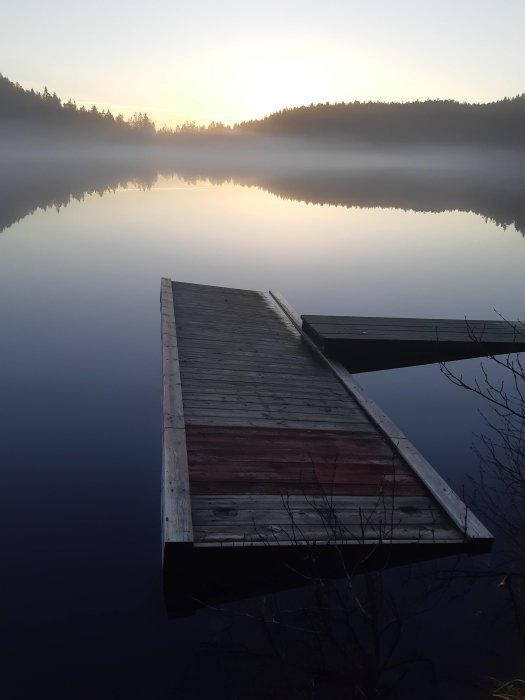 Träbrygga som sticker ut i en dimmig spegelblank sjö vid soluppgång med skog i bakgrunden.