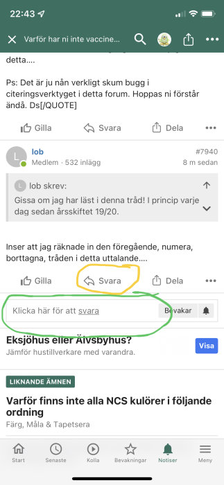 Skärmdump av ett forum där knappen för att citera är markerad och alternativet att skriva ett inlägg är framhävt.