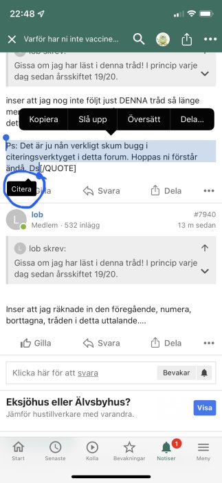 Skärmavbild av ett foruminlägg med markering av citeraknappen och textfält för svar.