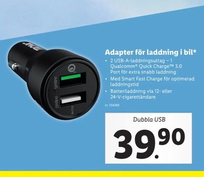 Biladapter för laddning med dubbla USB-portar, en med Qualcomm Quick Charge 3.0, prissatt till 39.90.