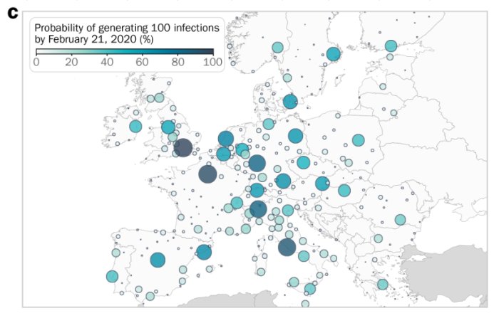 Karta över Europa med färgkodade cirklar som visar sannolikhet för 100 inhemskt spridda fall per stad till 21 feb 2020.