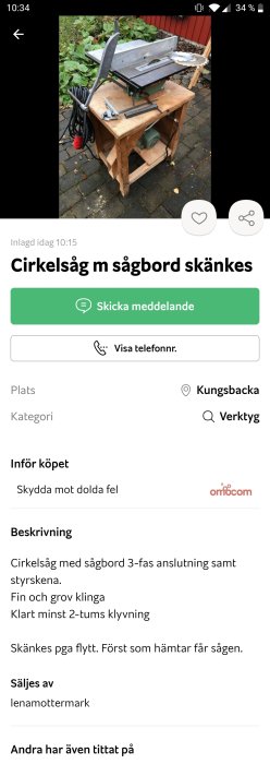 Begagnad Inca cirkelsåg med tillhörande sågbord och elsladd utomhus, redo att skänkas bort.