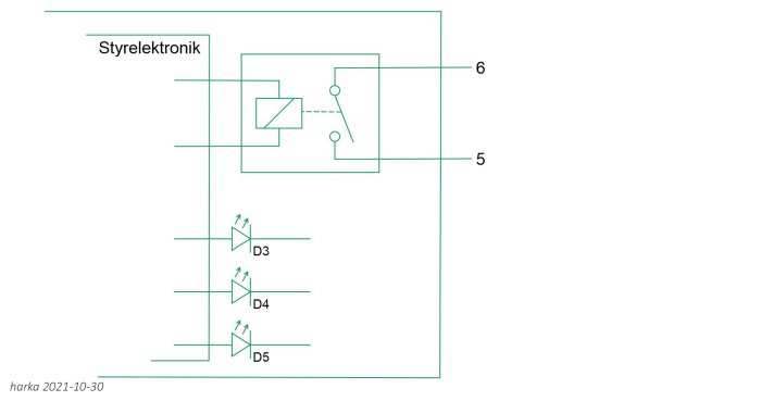 Elektroniskt kretsschema som visar anslutning av styrkort med plintar 5 och 6, och tre dioder markerade D3, D4, D5.