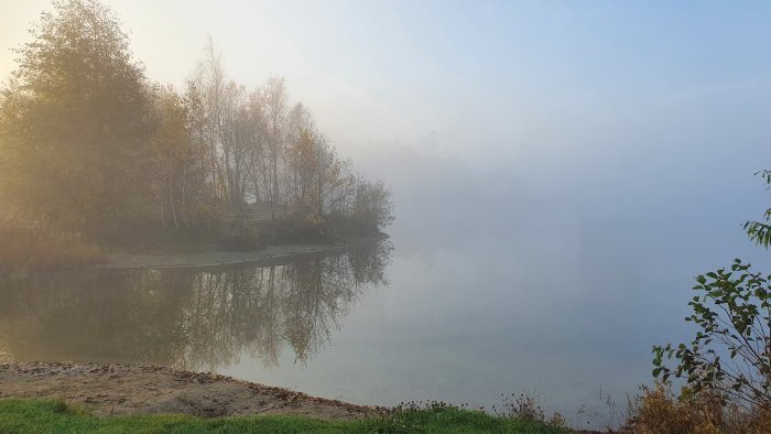 Dimmig sjö med träd reflekterade i vattnet vid soluppgång.