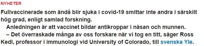 Artikelutdrag om att fullvaccinerade sällan smittar andra med covid-19 och skapar antikroppar i näsan och munnen.