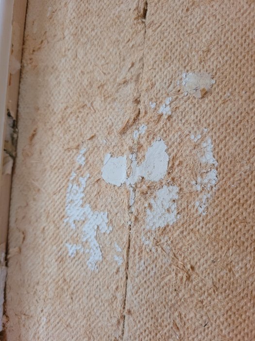 Skadad tretexvägg med flagnande målning och synliga fibrer.
