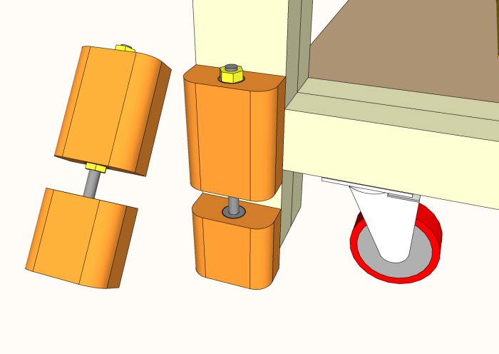 3D-rendering av träkonstruktion med islagsmutter och gängstång, möjligt förstärkningsbehov med epoxy diskuteras.