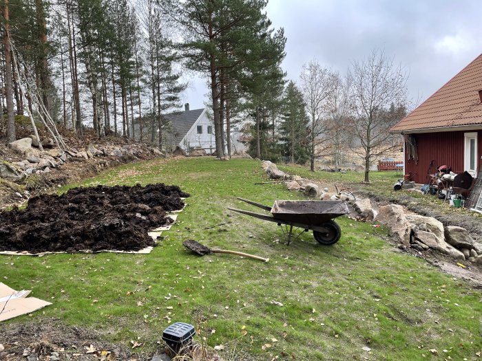 Gödsel lagt i rader för täckodling nära en brunn, med en tom skottkärra och trädgårdsverktyg i förgrunden.