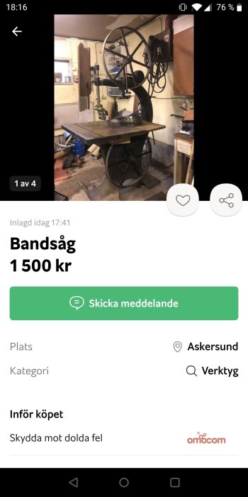 Använd bandsåg till salu mot en verkstadsbakgrund, prissatt till 1500 kr.