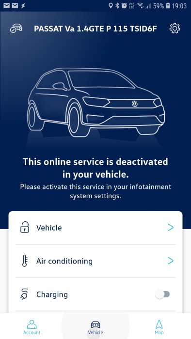 Skärmvisning av WeConnect-appen som indikerar att en online tjänst är inaktiverad i en Volkswagen Passat GTE.