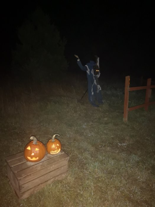 Två uthuggna halloweenpumpor framför en hemmagjord läskig figur i mörkt landskap.