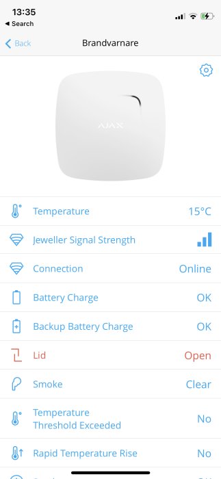 Skärmdump av en FireProtect brandvarnare med temperaturvisning på 15°C och olika statusindikatorer.