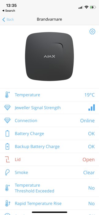 Brandvarnarapp visar AJAX-brandvarnares status med temperatur 19°C och flera andra parametrar.