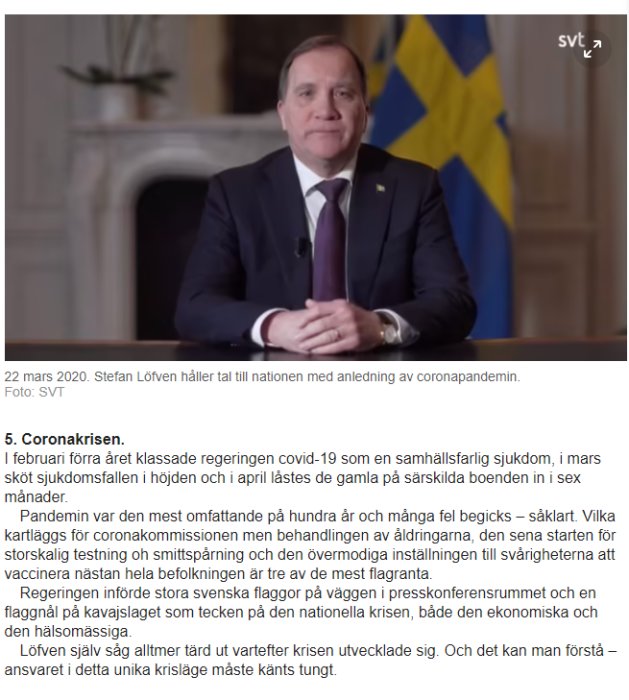 Stefan Löfven talar vid en presskonferens med svenska flaggor i bakgrunden under coronapandemin.