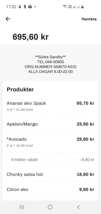 Skärmdump av ett kvitto som visar priser på varor såsom ananasskivor och avokado från en affär i Södra Sandby.