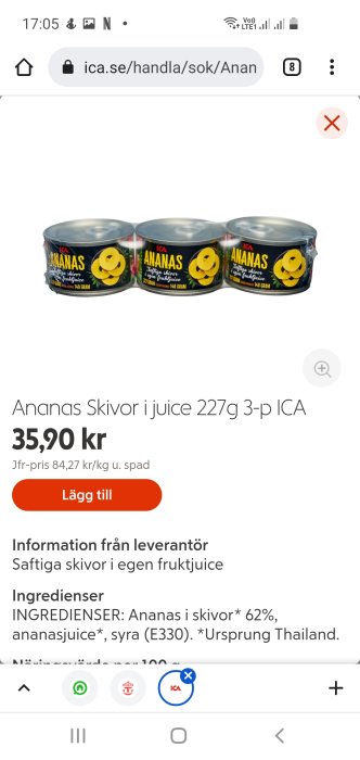 Tre förpackningar av ICA Ananasskivor i juice visas på en mobilskärmsbild av en onlinebutik med prisinformation.