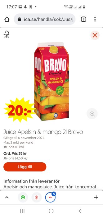 Skärmbild av rabatterad Bravo apelsin- och mangojuice i 2-liters förpackning, prissatt till 20 kronor.