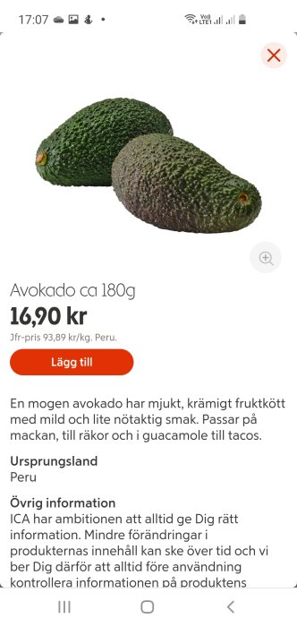 Två mogna avokador med pris- och produktinformation mot vit bakgrund.