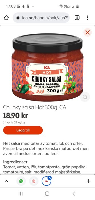 E-handelssida visar Chunky Salsa Hot 300g från ICA med pris och ingredienser.