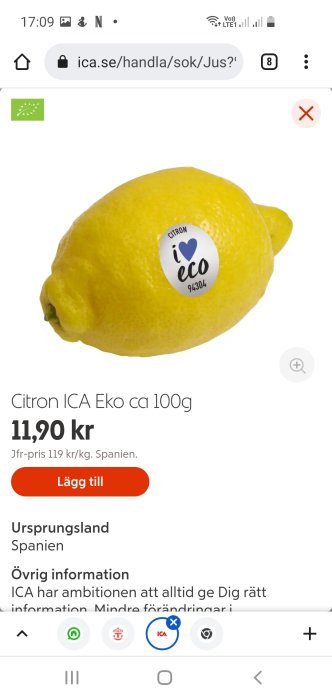 Ekologisk citron med 'I love eco' klistermärke visar prisinformation på en webbhandelsplats.