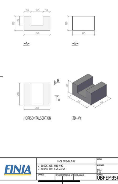 Teknisk ritning av U-block för byggstruktur med mått och 3D-vy, varumärke Finja synligt.