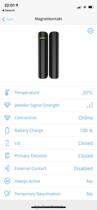 Skärmdump av en magnetkontakt i en app som visar svag signalstyrka och olika sensorinställningar.