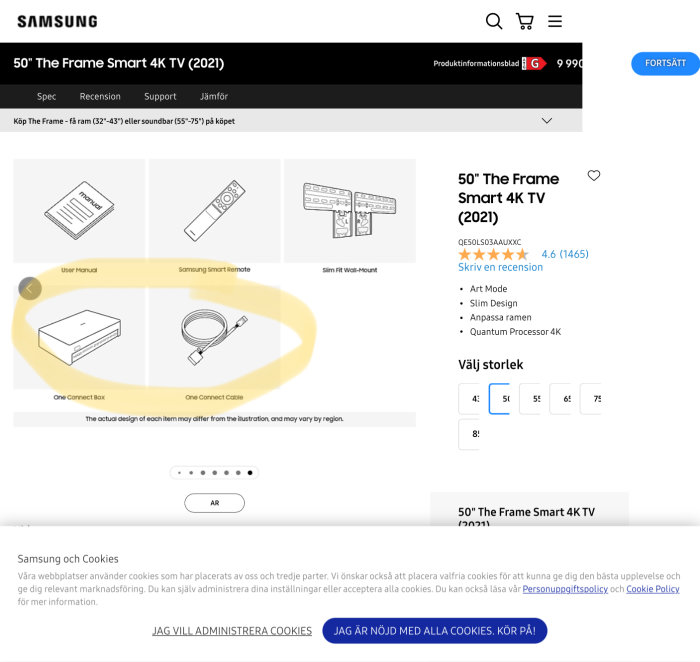 Samsung The Frame TV med One Connect Box och One Connect-kabel.