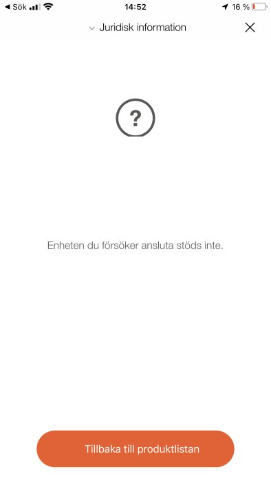 Skärmdump som visar felmeddelande "Enheten du försöker ansluta stöds inte" i en app.