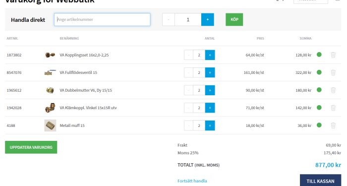 Skärmbild av en onlinevarukorg med mässingskopplingar och ventiler för VVS-installation och totalpriset.