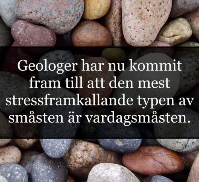 En samling runda stenar med en textskylt som skämtsamt kopplar småsten till vardagsstress.