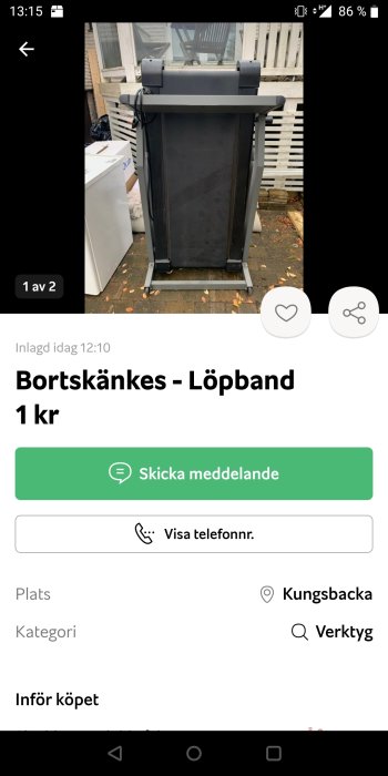 Ett löpband utomhus som bortskänkes enligt annonstext.