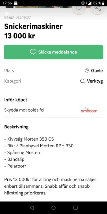 Skärmbild av försäljningsannons för snickerimaskiner inklusive hyvel och såg.