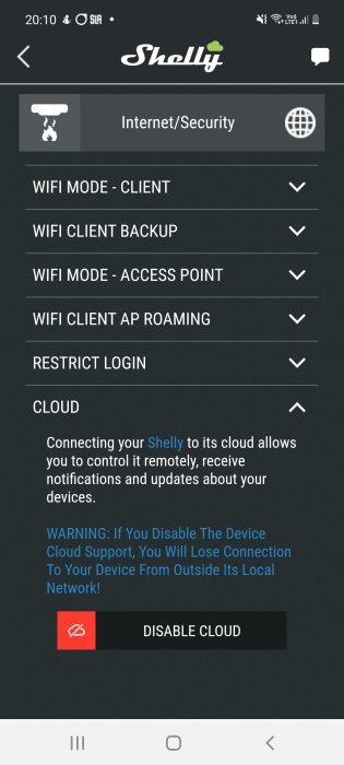 Skärmdump av Shelly-appen med inställningar för molntjänst och varning om funktionsförlust utanför lokalt nätverk.