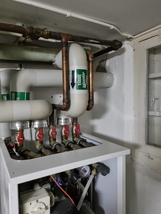 Värmesystem med rör, etiketterad "fjärrvärme retur", radiatorventiler, och mätinstrument.