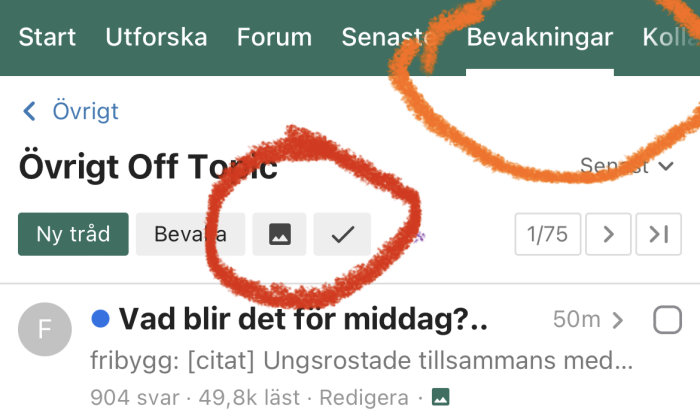 Skärmdump av forum med markerade knappar för att starta ny tråd och bevaka ämnen.