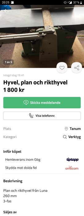 En hyvelmaskin av märket INCA på golvet. Annonstext beskriver en Luna hyvel, plan och rikthyvel till försäljning.