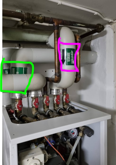 VVS-installation med markerade fjärrvärmemätare och returledning, cirkulationspump synlig nedtill.