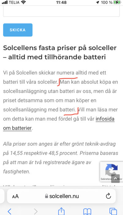 Skärmdump av en webbsida som diskuterar fasta priser på solceller med eller utan batteri.