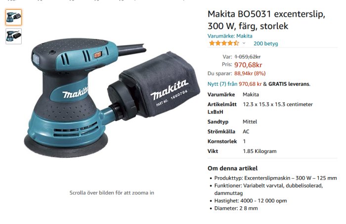 Excenterslipmaskin Makita BO5031 med dammpåse presenterad med pris och specifikationer på en webbsida.