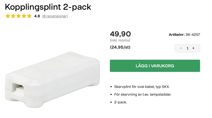 Vit kopplingsplint i 2-pack för oval kabel, typ SKX, mot vit bakgrund.