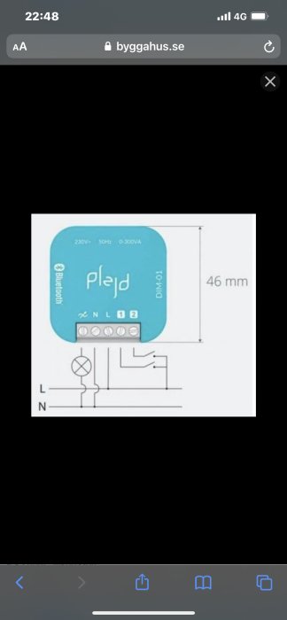 Elektrisk kopplingsschema för Plejd DIM-01 universaldimmer med märkningar och mått.